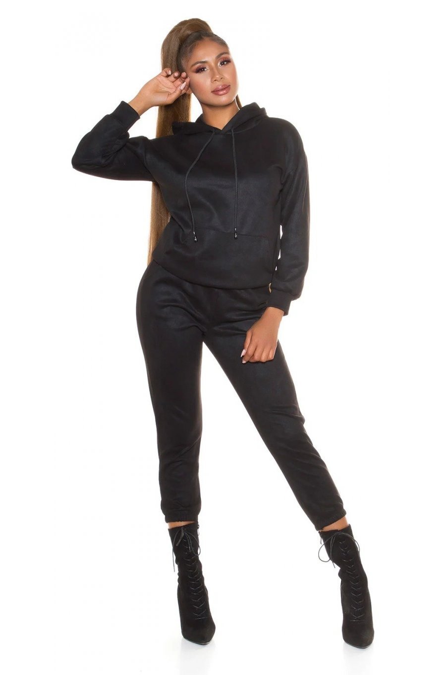 Trening dama casual, catifea, negru, cu gluga Skya 3 - jojofashion.ro