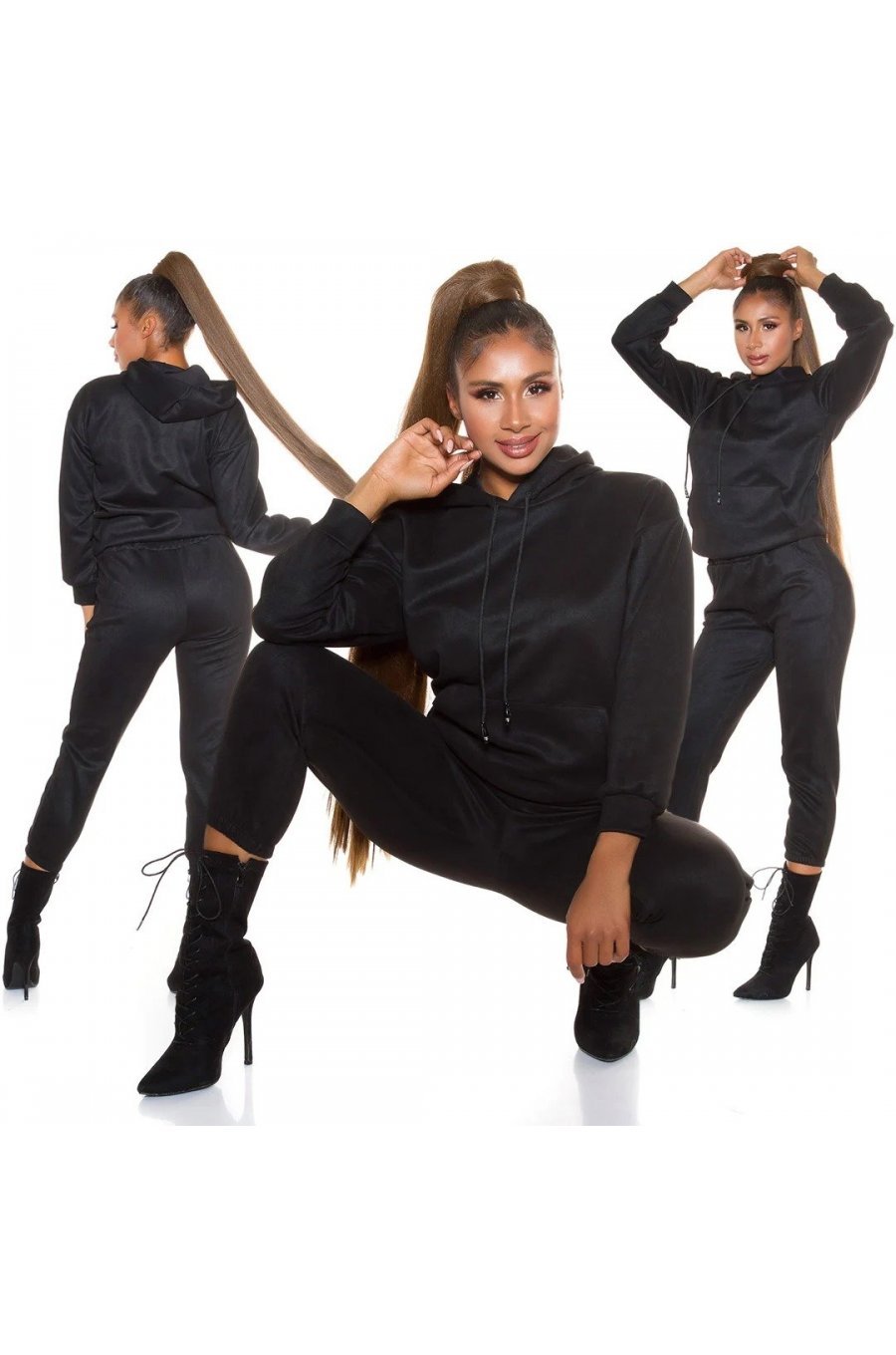 Trening dama casual, catifea, negru, cu gluga Skya 4 - jojofashion.ro