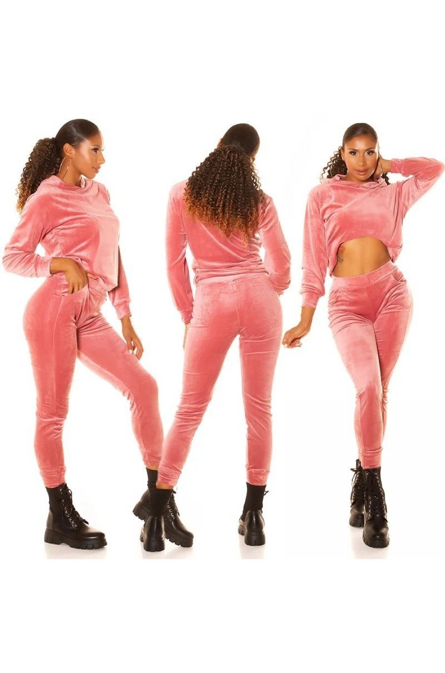 Trening dama casual, catifea, roz pudrat, mulat Kafyla 6 - jojofashion.ro