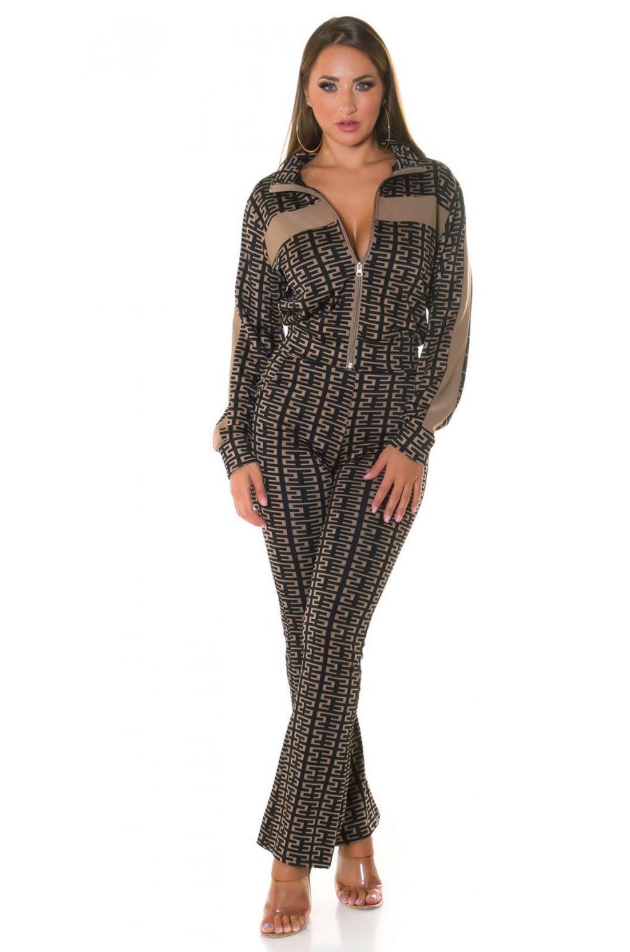 Trening dama casual, negru cu print cappuccino, evazat, Korsa 3 - jojofashion.ro