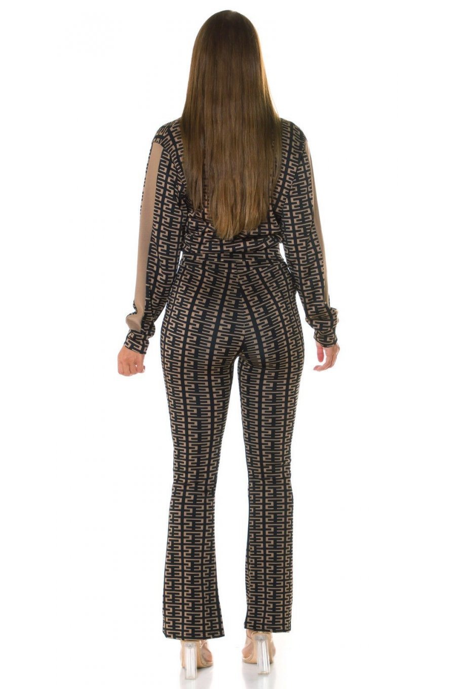 Trening dama casual, negru cu print cappuccino, evazat, Korsa 4 - jojofashion.ro