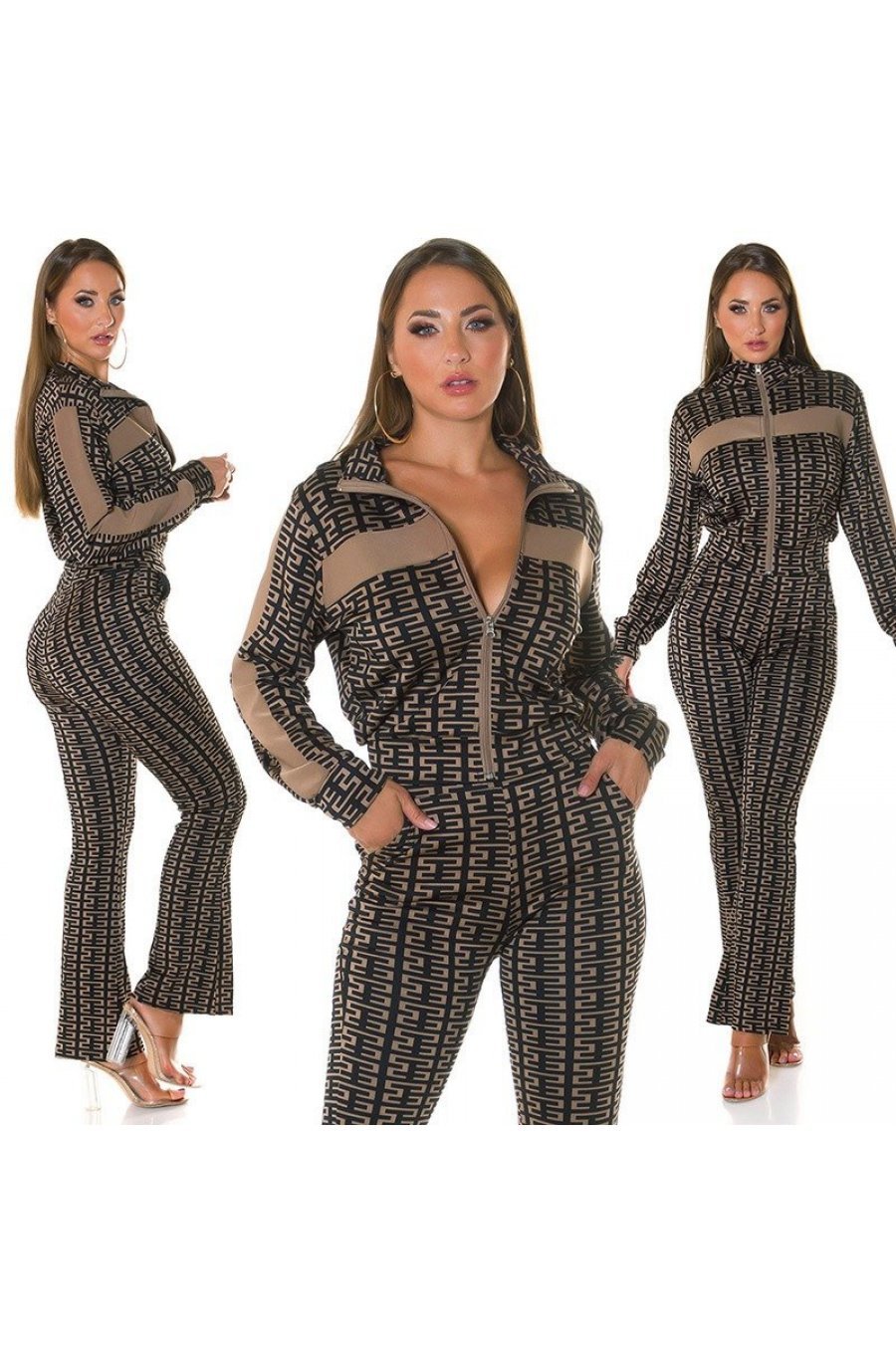 Trening dama casual, negru cu print cappuccino, evazat, Korsa 5 - jojofashion.ro