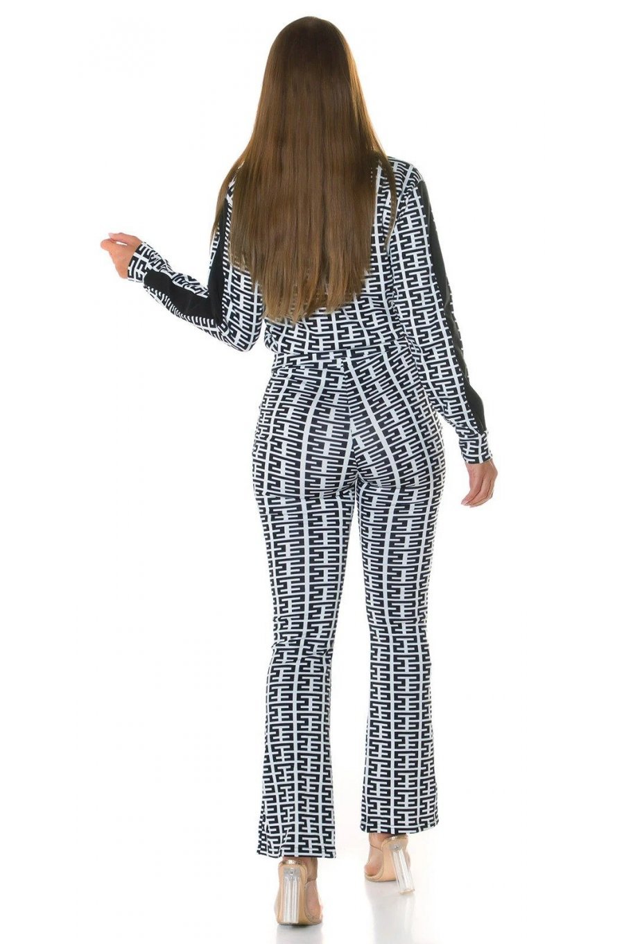 Trening dama casual, alb cu print negru, evazat Korsa 3 - jojofashion.ro