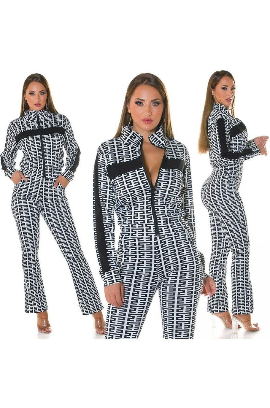 Trening dama casual, alb cu print negru, evazat Korsa 5 - jojofashion.ro