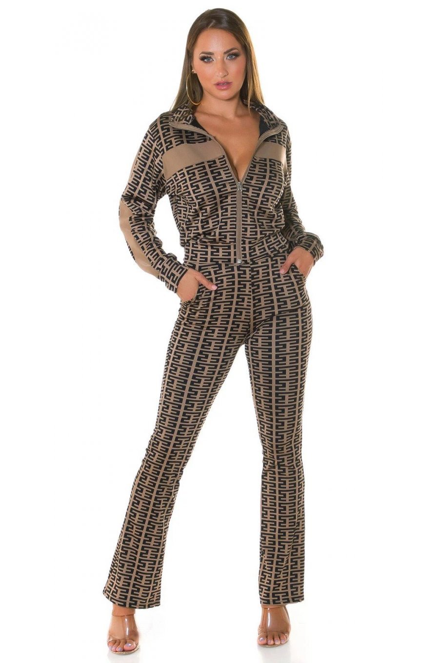 Trening dama casual, cappuccino cu print negru, evazat Korsa Trening dama casual, cappuccino cu print negru, evazat Korsa 1 - jojofashion.ro