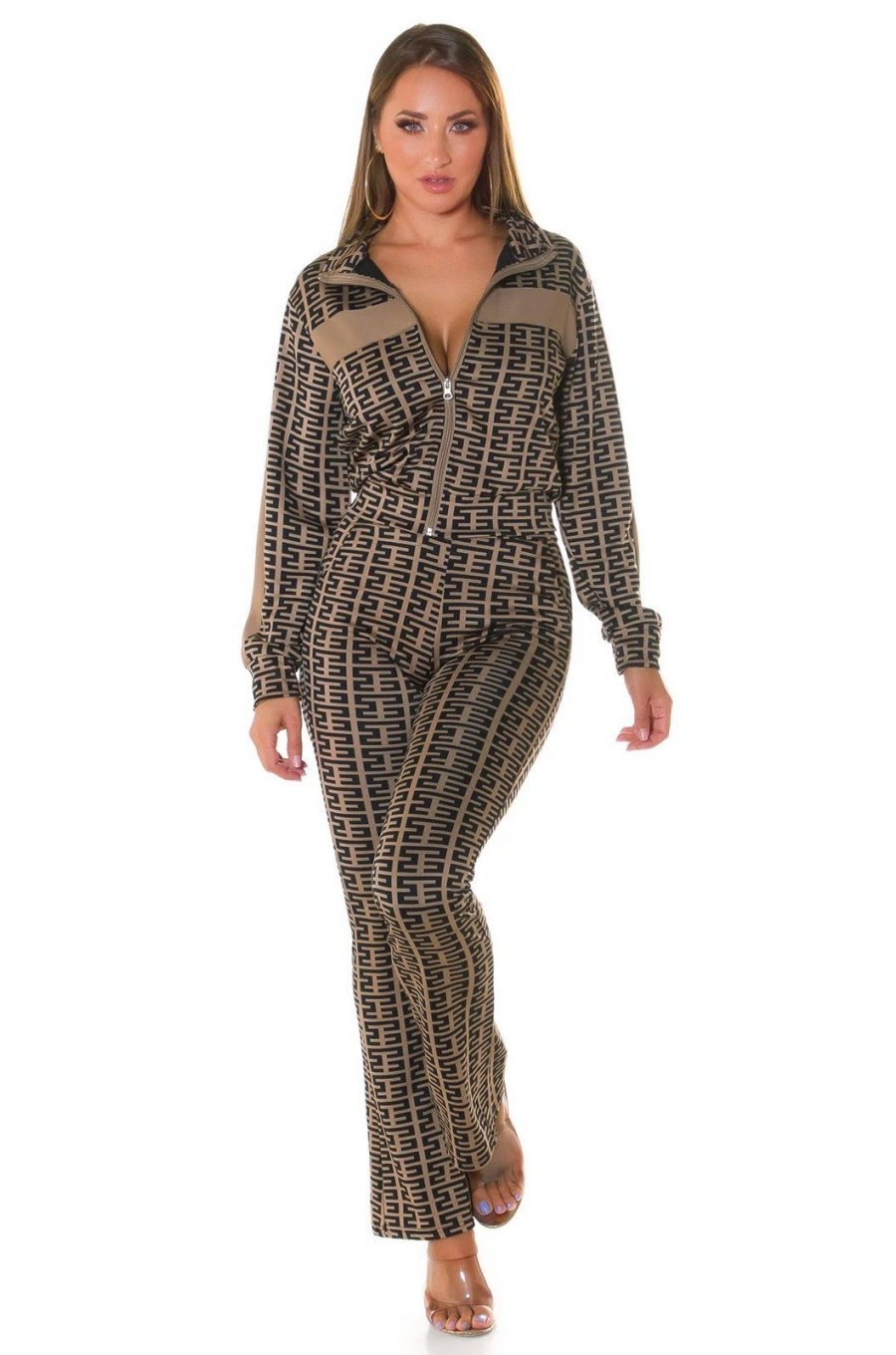 Trening dama casual, cappuccino cu print negru, evazat Korsa Trening dama casual, cappuccino cu print negru, evazat Korsa 3 - jojofashion.ro