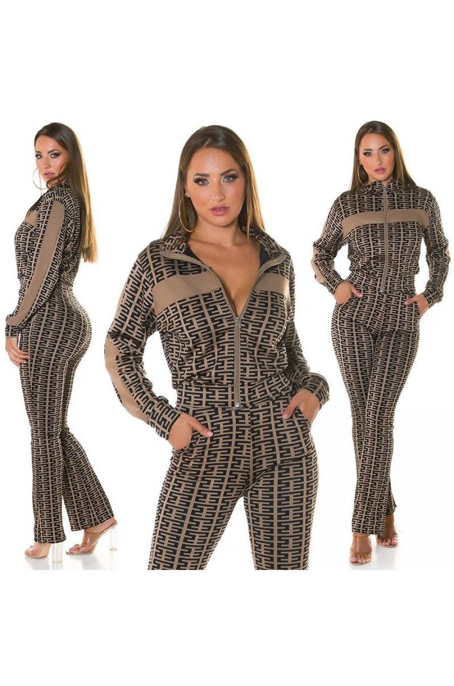 Trening dama casual, cappuccino cu print negru, evazat Korsa Trening dama casual, cappuccino cu print negru, evazat Korsa 4 - jojofashion.ro