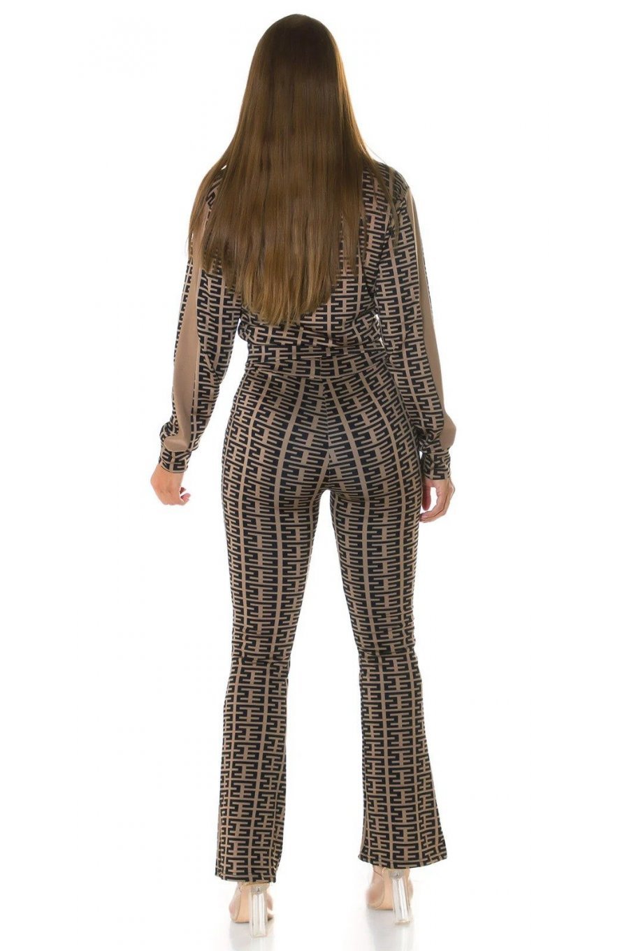 Trening dama casual, cappuccino cu print negru, evazat Korsa Trening dama casual, cappuccino cu print negru, evazat Korsa 5 - jojofashion.ro