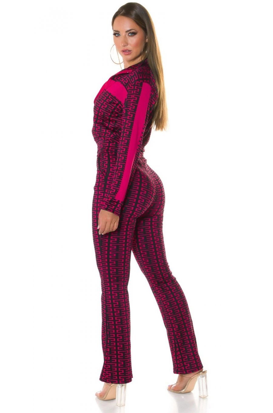 Trening dama casual, roz ciclam cu print negru, evazat Korsa 2 - jojofashion.ro