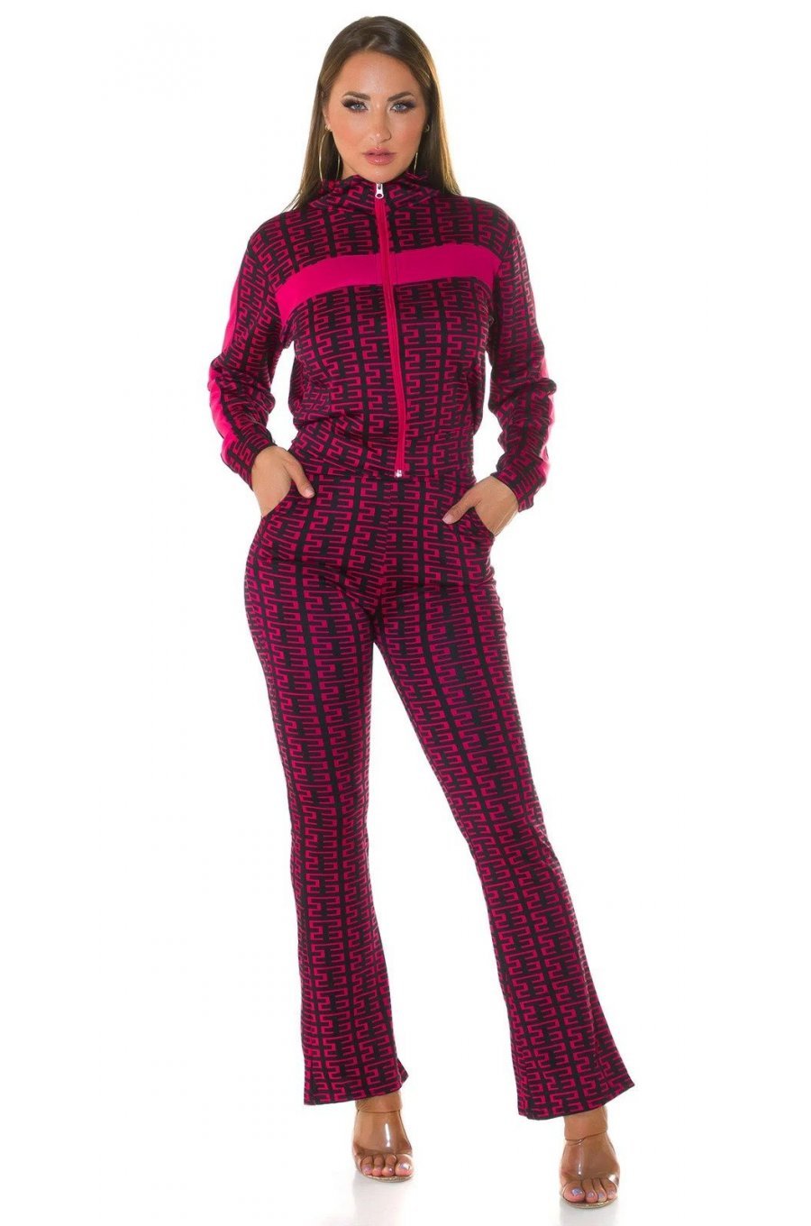 Trening dama casual, roz ciclam cu print negru, evazat Korsa 3 - jojofashion.ro