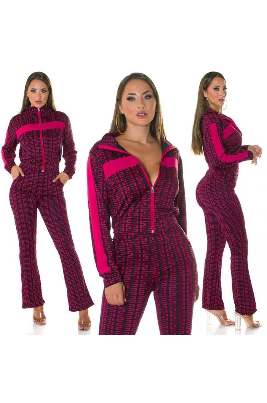 Trening dama casual, roz ciclam cu print negru, evazat Korsa 5 - jojofashion.ro