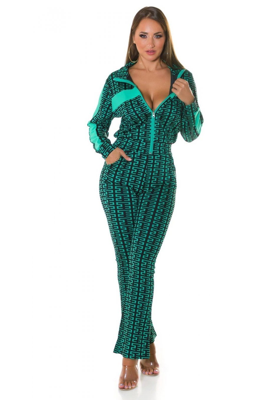 Trening dama casual, verde turcoaz cu print negru, evazat Korsa Trening dama casual, verde turcoaz cu print negru, evazat Korsa 1 - jojofashion.ro
