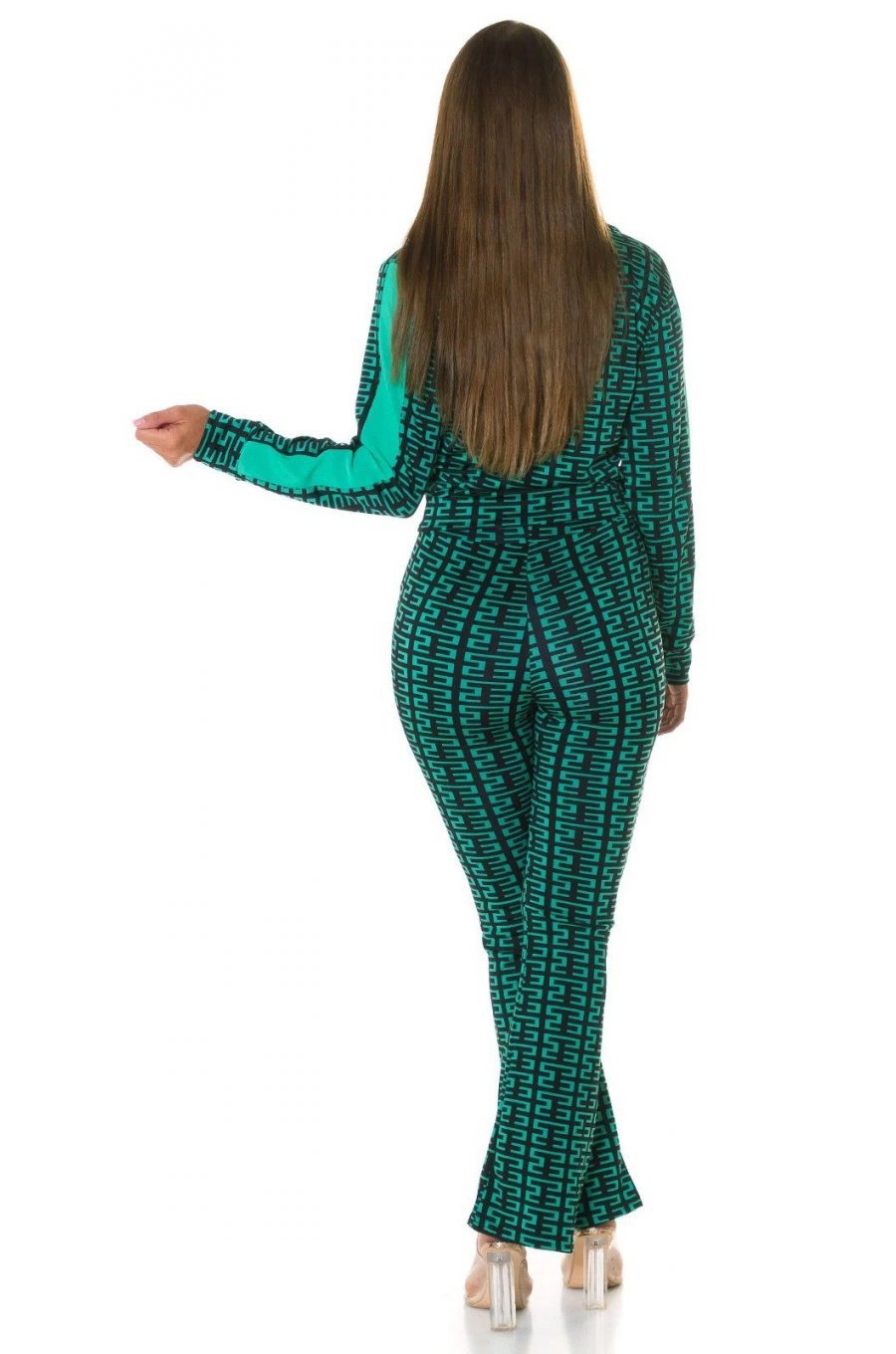 Trening dama casual, verde turcoaz cu print negru, evazat Korsa Trening dama casual, verde turcoaz cu print negru, evazat Korsa 3 - jojofashion.ro