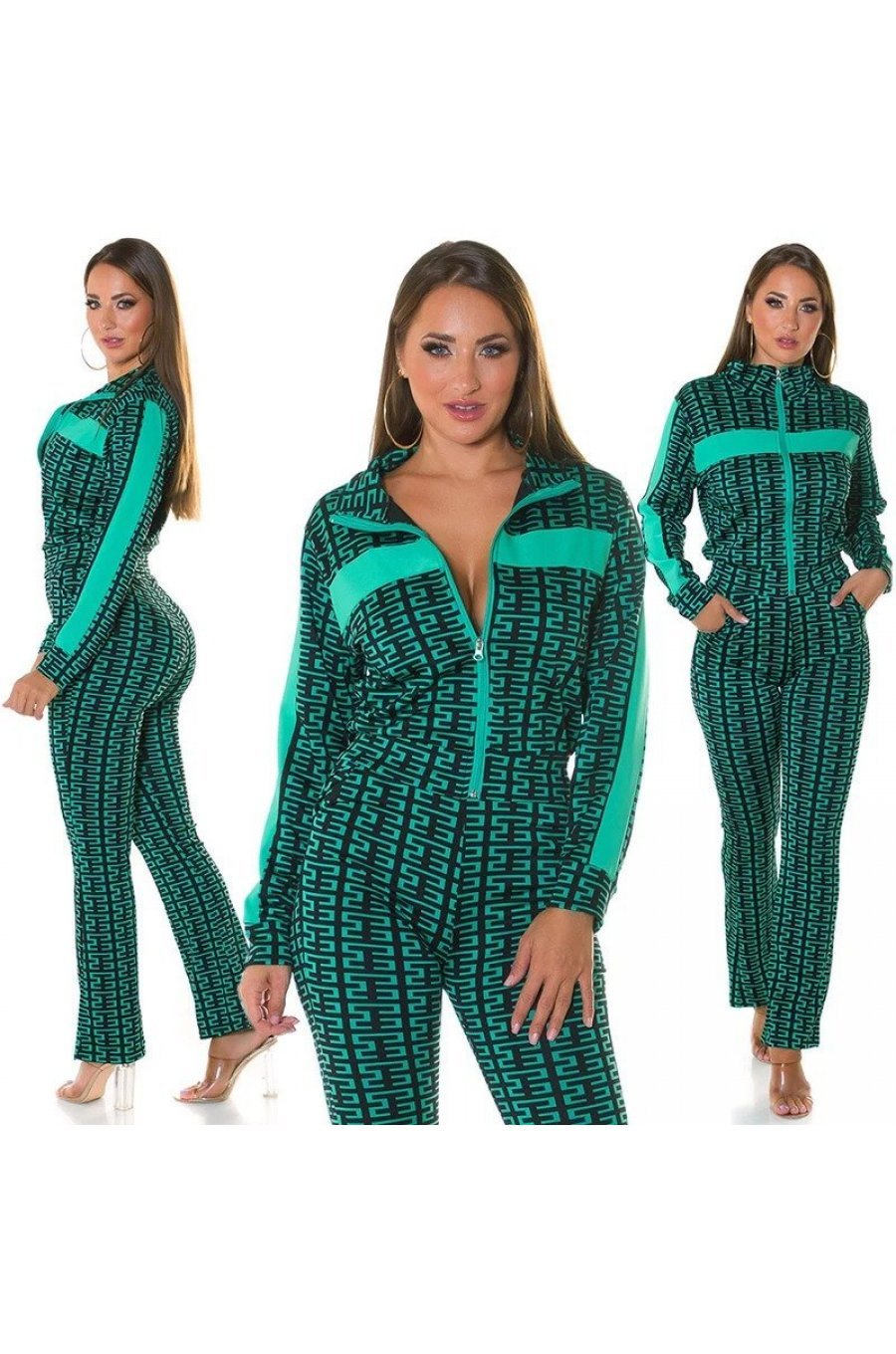 Trening dama casual, verde turcoaz cu print negru, evazat Korsa Trening dama casual, verde turcoaz cu print negru, evazat Korsa 4 - jojofashion.ro