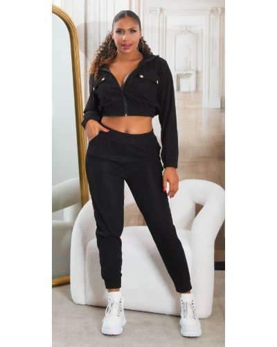 Trening dama negru, cu bluza crop, buzunare si gluga, Nakamura - jojofashion.ro