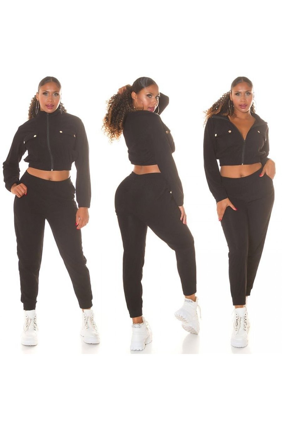 Trening dama negru, cu bluza crop, buzunare si gluga, Nakamura Trening dama negru, cu bluza crop, buzunare si gluga, Nakamura 4 - jojofashion.ro