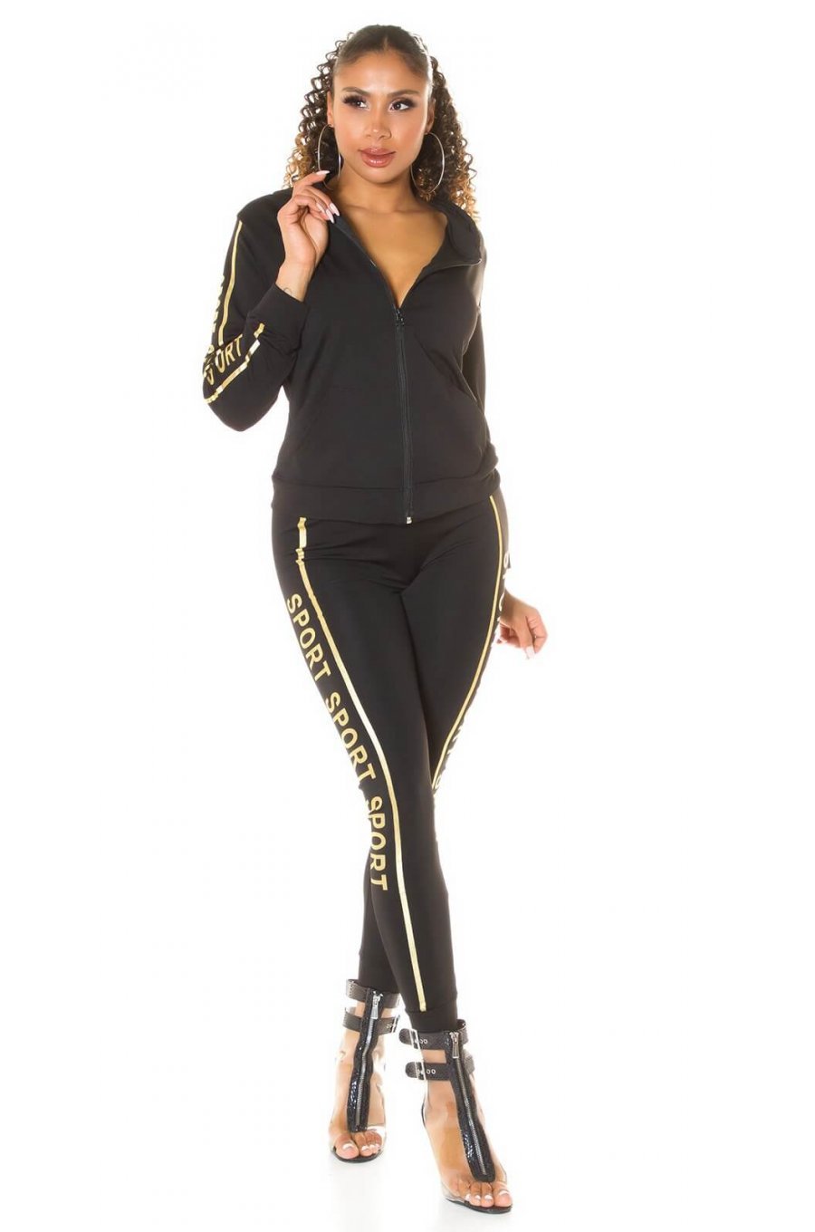 Trening dama sport negru cu imprimeu auriu Marla 1 - jojofashion.ro