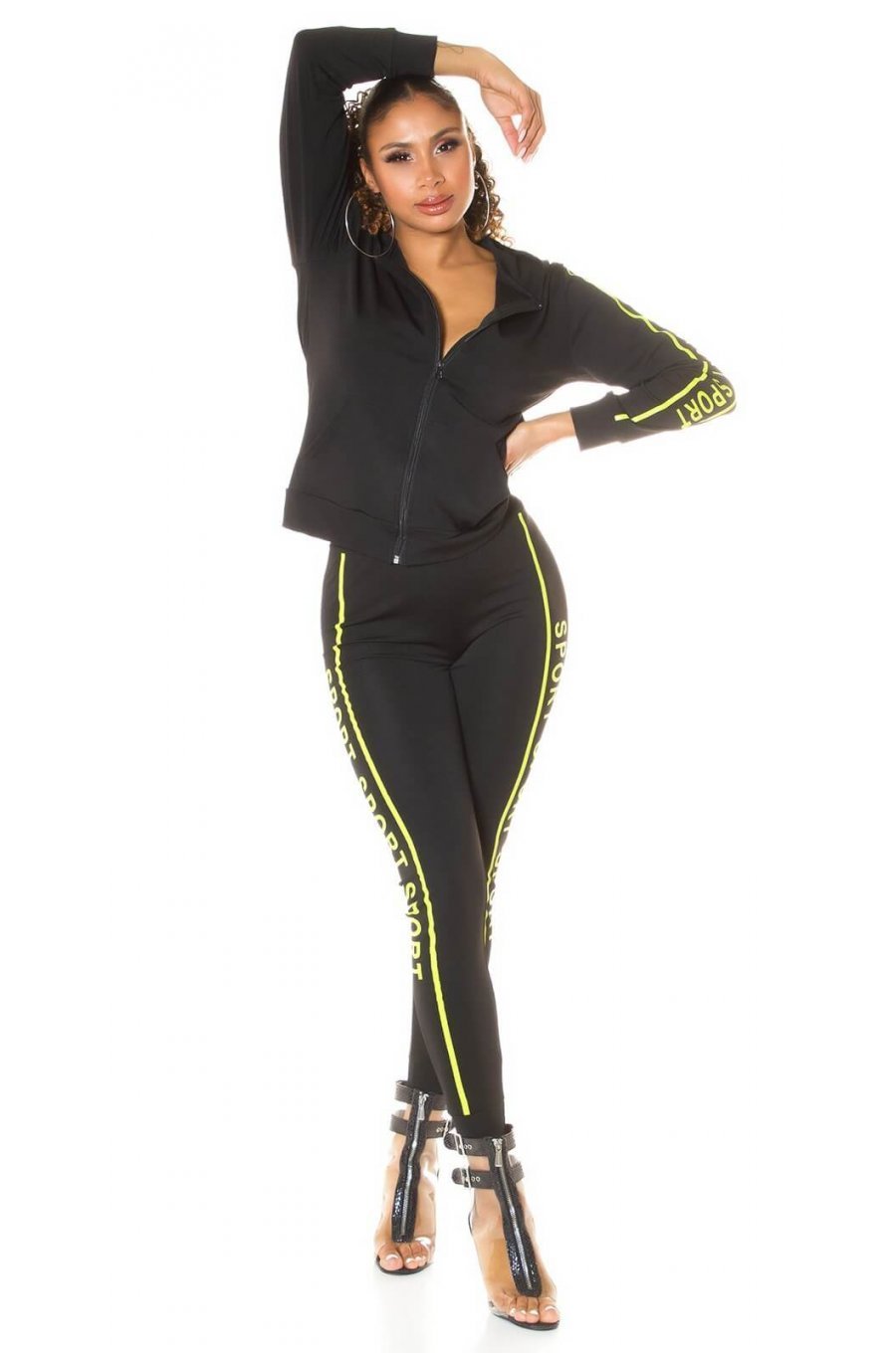 Trening dama sport, negru, cu imprimeu galben neon Marla 2 - jojofashion.ro