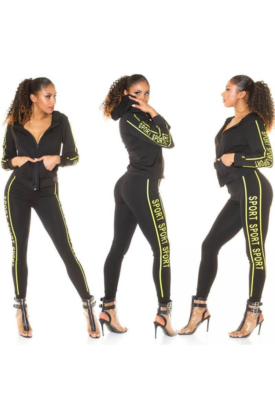 Trening dama sport, negru, cu imprimeu galben neon Marla 3 - jojofashion.ro