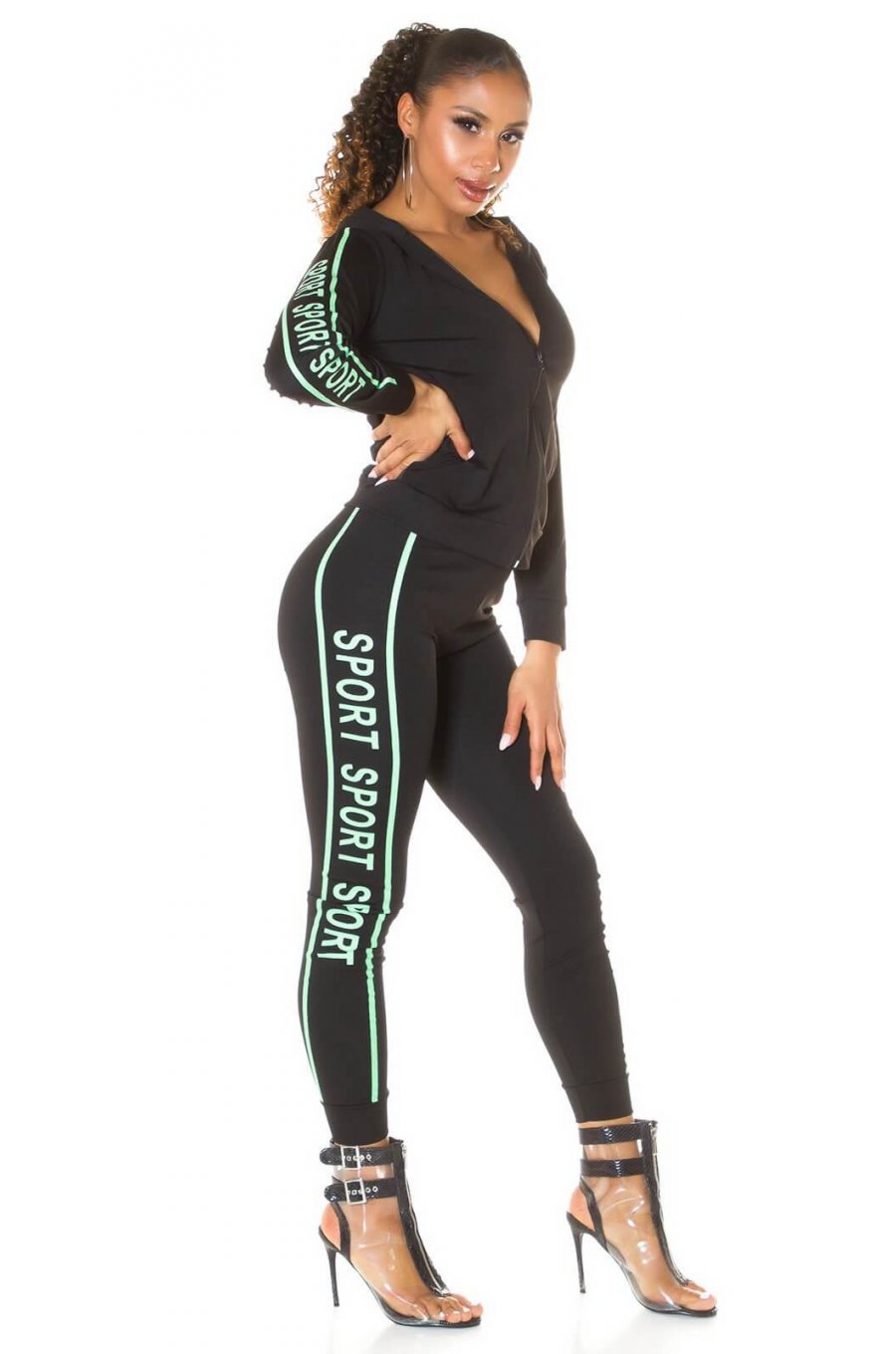 Trening dama sport, negru, cu imprimeu menta Marla 1 - jojofashion.ro