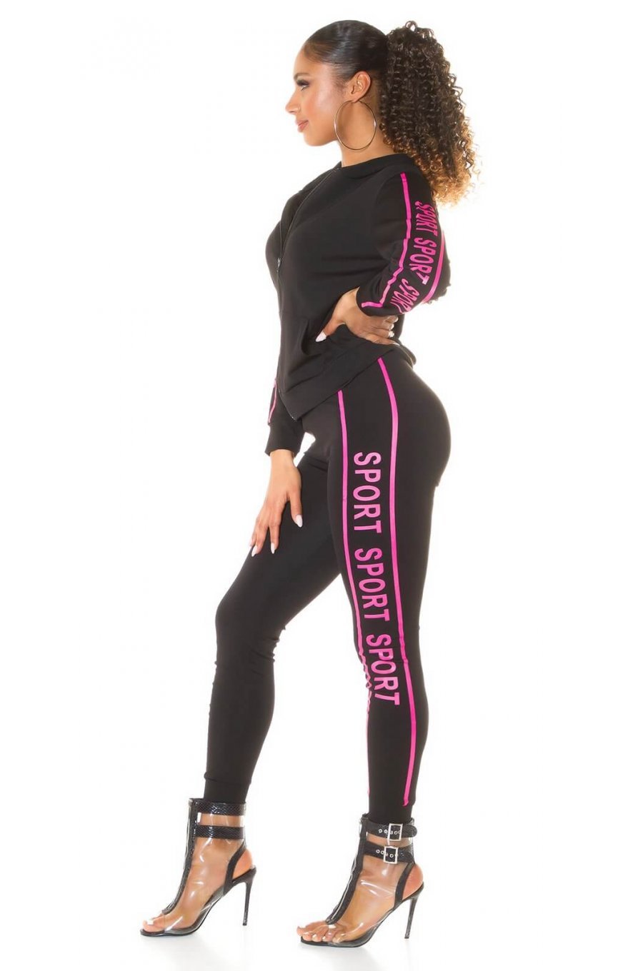 Trening dama sport, negru, cu imprimeu roz Marla 1 - jojofashion.ro
