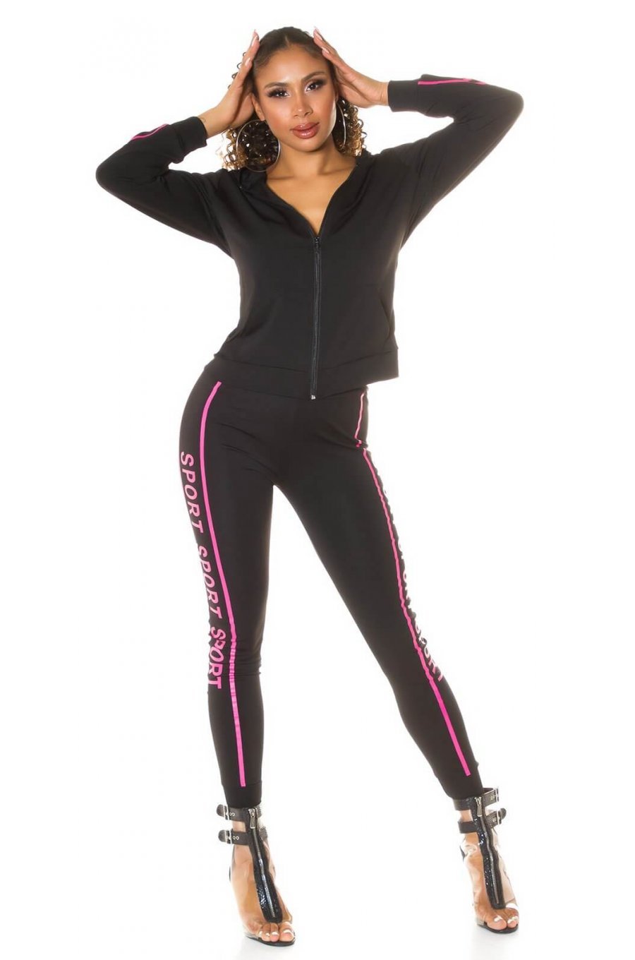 Trening dama sport, negru, cu imprimeu roz Marla 2 - jojofashion.ro