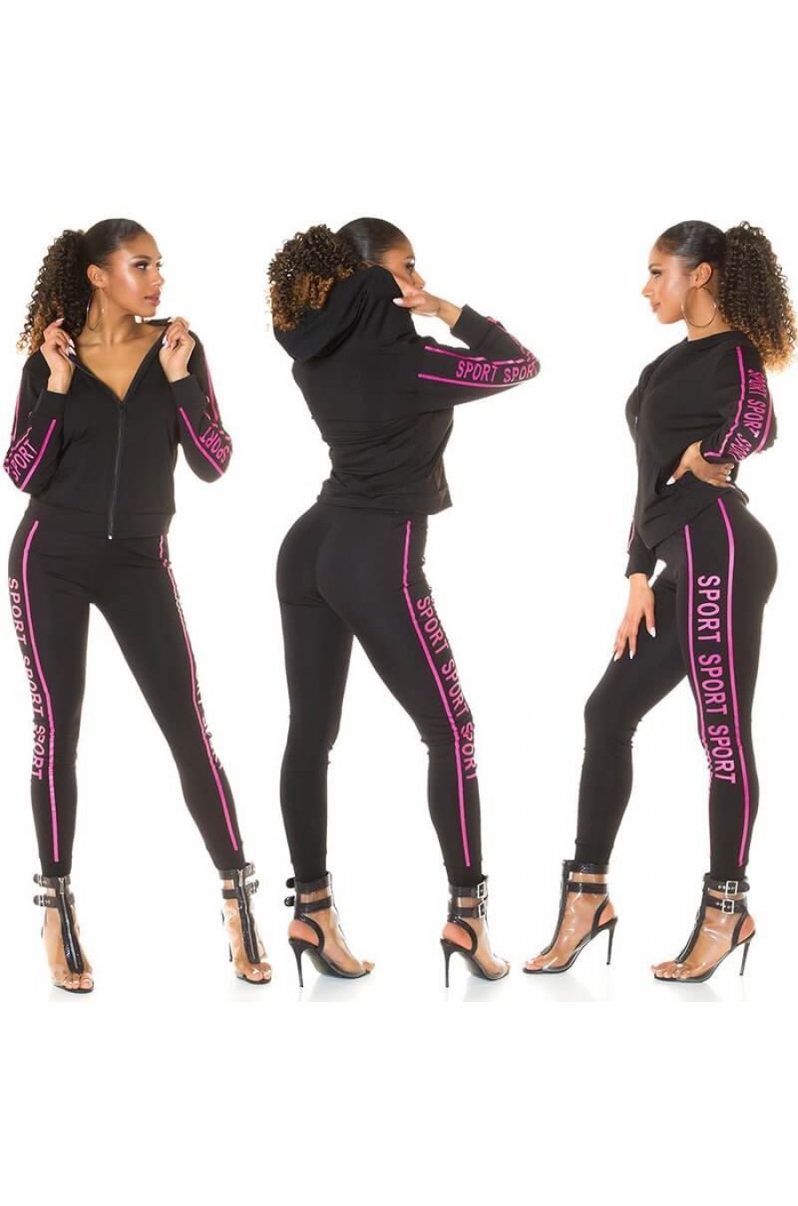 Trening dama sport, negru, cu imprimeu roz Marla 3 - jojofashion.ro