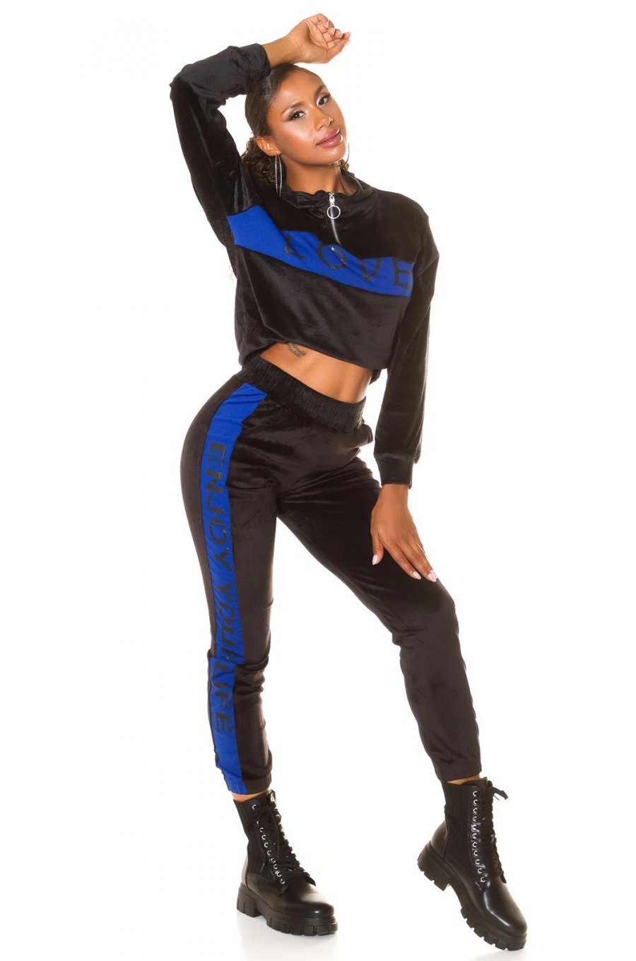 Trening dama casual, din catifea, negru cu print albastru electric Dalys 2 - jojofashion.ro