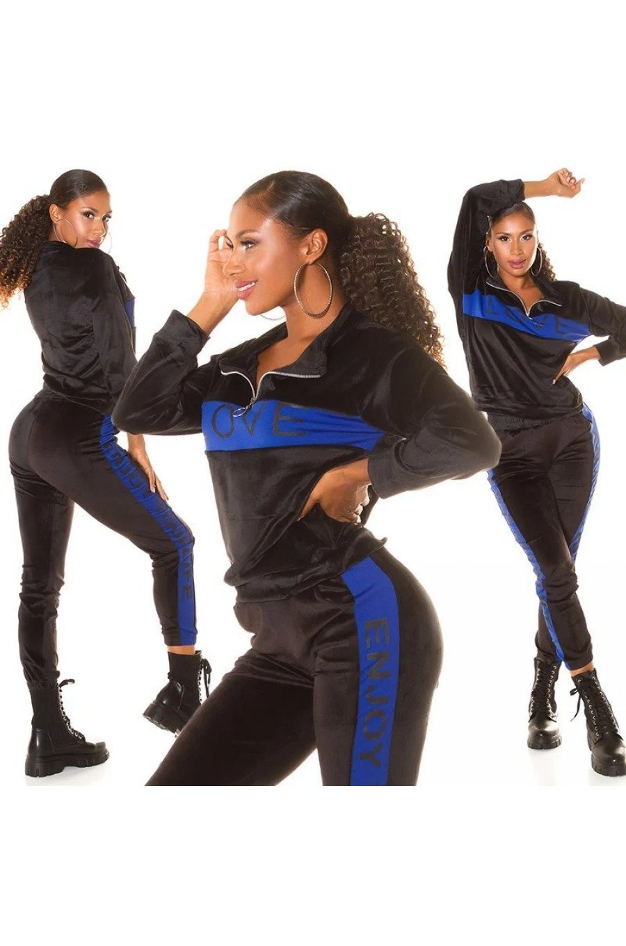 Trening dama casual, din catifea, negru cu print albastru electric Dalys 4 - jojofashion.ro