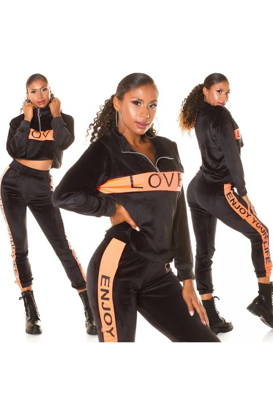 Trening dama casual, din catifea, negru cu print orange Dalys Trening dama casual, din catifea, negru cu print orange Dalys 4 - jojofashion.ro