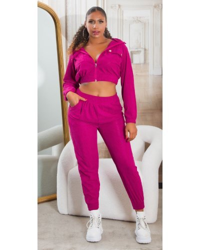 Trening dama roz fucsia, cu bluza crop, buzunare si gluga, Nakamura - jojofashion.ro