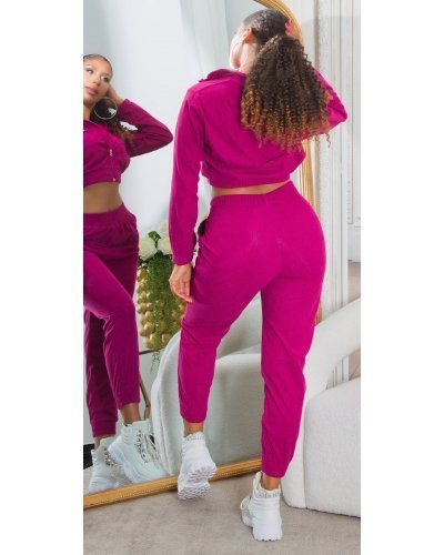 Trening dama roz fucsia, cu bluza crop, buzunare si gluga, Nakamura - jojofashion.ro
