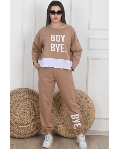 Trening dama sport, bumbac bej cu alb, BoyBye - jojofashion.ro