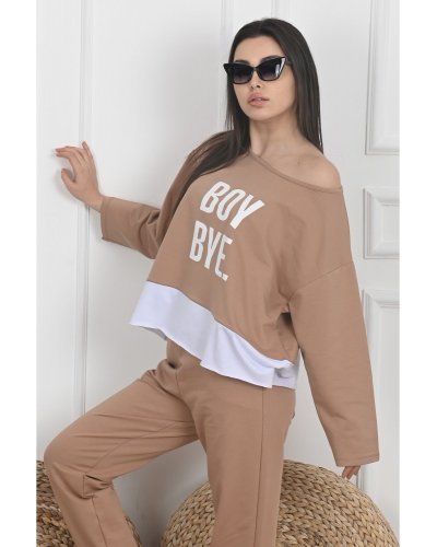 Trening dama sport, bumbac bej cu alb, BoyBye - jojofashion.ro
