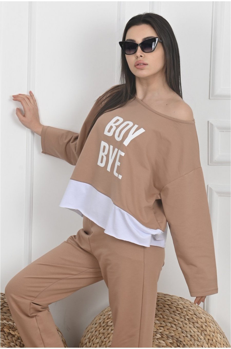 Trening dama sport, bumbac bej cu alb, BoyBye Trening dama sport, bumbac bej cu alb, BoyBye 2 - jojofashion.ro