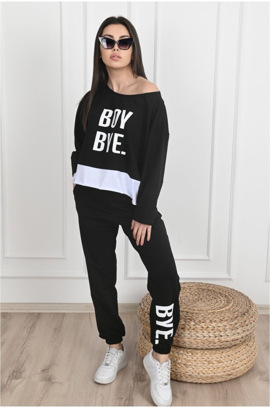 Trening dama sport, bumbac negru print alb, BoyBye Trening dama sport, bumbac negru print alb, BoyBye 1 - jojofashion.ro