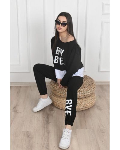 Trening dama sport, bumbac negru print alb, BoyBye - jojofashion.ro