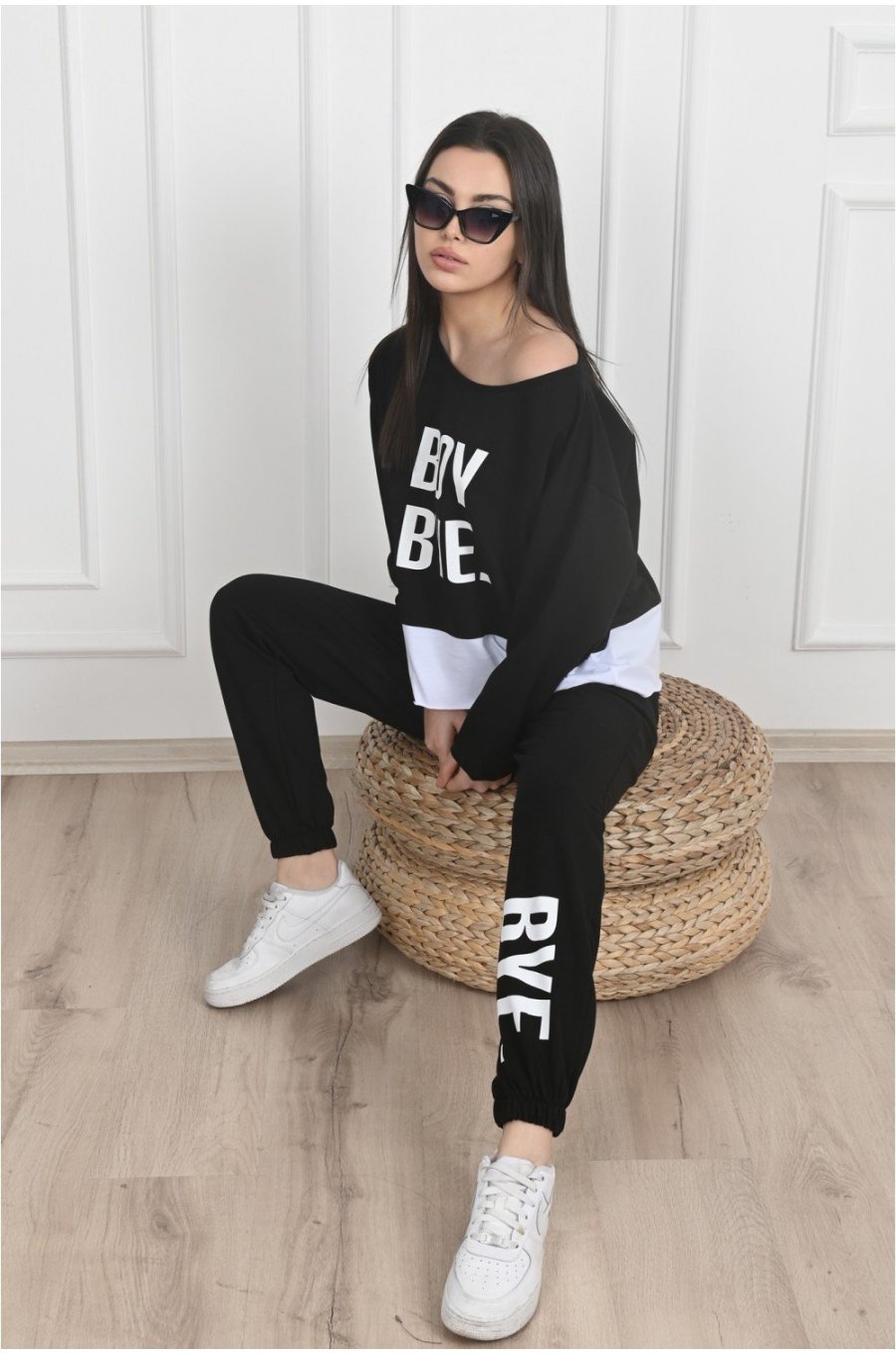 Trening dama sport, bumbac negru print alb, BoyBye Trening dama sport, bumbac negru print alb, BoyBye 2 - jojofashion.ro