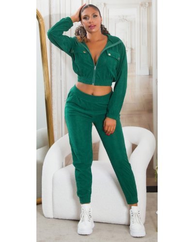 Trening dama verde, cu bluza crop, buzunare si gluga, Nakamura - jojofashion.ro