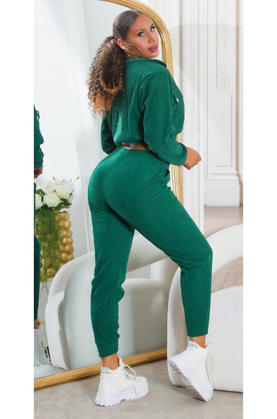 Trening dama verde, cu bluza crop, buzunare si gluga, Nakamura Trening dama verde, cu bluza crop, buzunare si gluga, Nakamura 2 - jojofashion.ro