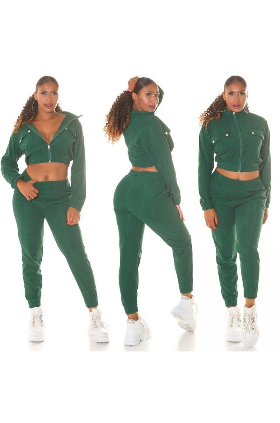 Trening dama verde, cu bluza crop, buzunare si gluga, Nakamura Trening dama verde, cu bluza crop, buzunare si gluga, Nakamura 4 - jojofashion.ro