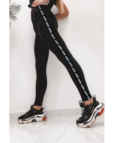 Colanti negri din bumbac cu talie inalta cu text alb Love Colanti dama, Colanti negri din bumbac cu talie inalta cu text alb Love - jojofashion.ro