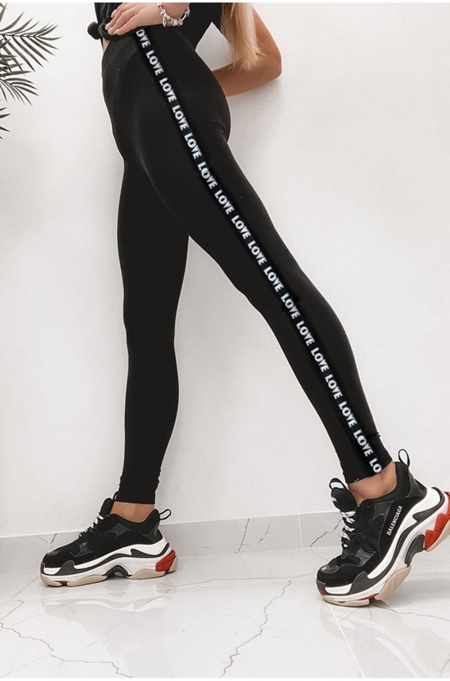Colanti negri din bumbac cu talie inalta cu text alb Love 1 - jojofashion.ro