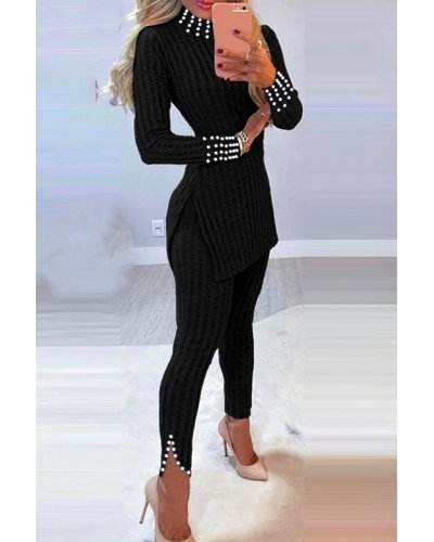 Compleu dama casual, din bumbac, negru, cu perle, Catty Treninguri dama, Compleu dama casual, din bumbac, negru, cu perle, Catty - jojofashion.ro