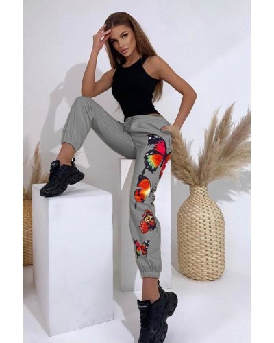 Pantaloni dama, Pantaloni dama cargo sport gri cu fluturi rosii Alessya - jojofashion.ro