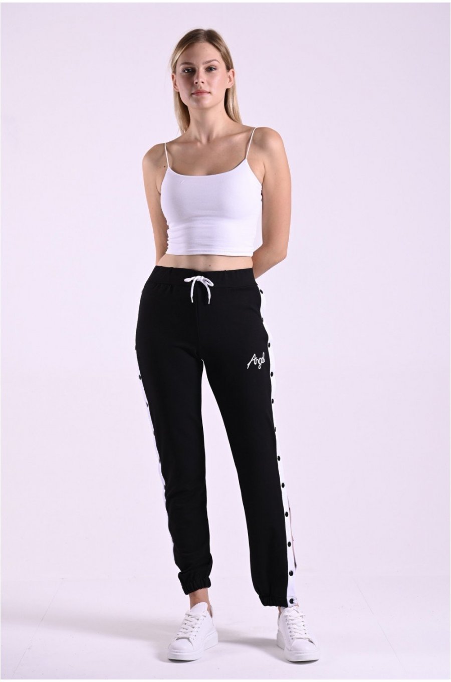 Pantaloni trening dama, negri cu dunga alba, din bumbac, cu capse pe picior, Leah 2 - jojofashion.ro