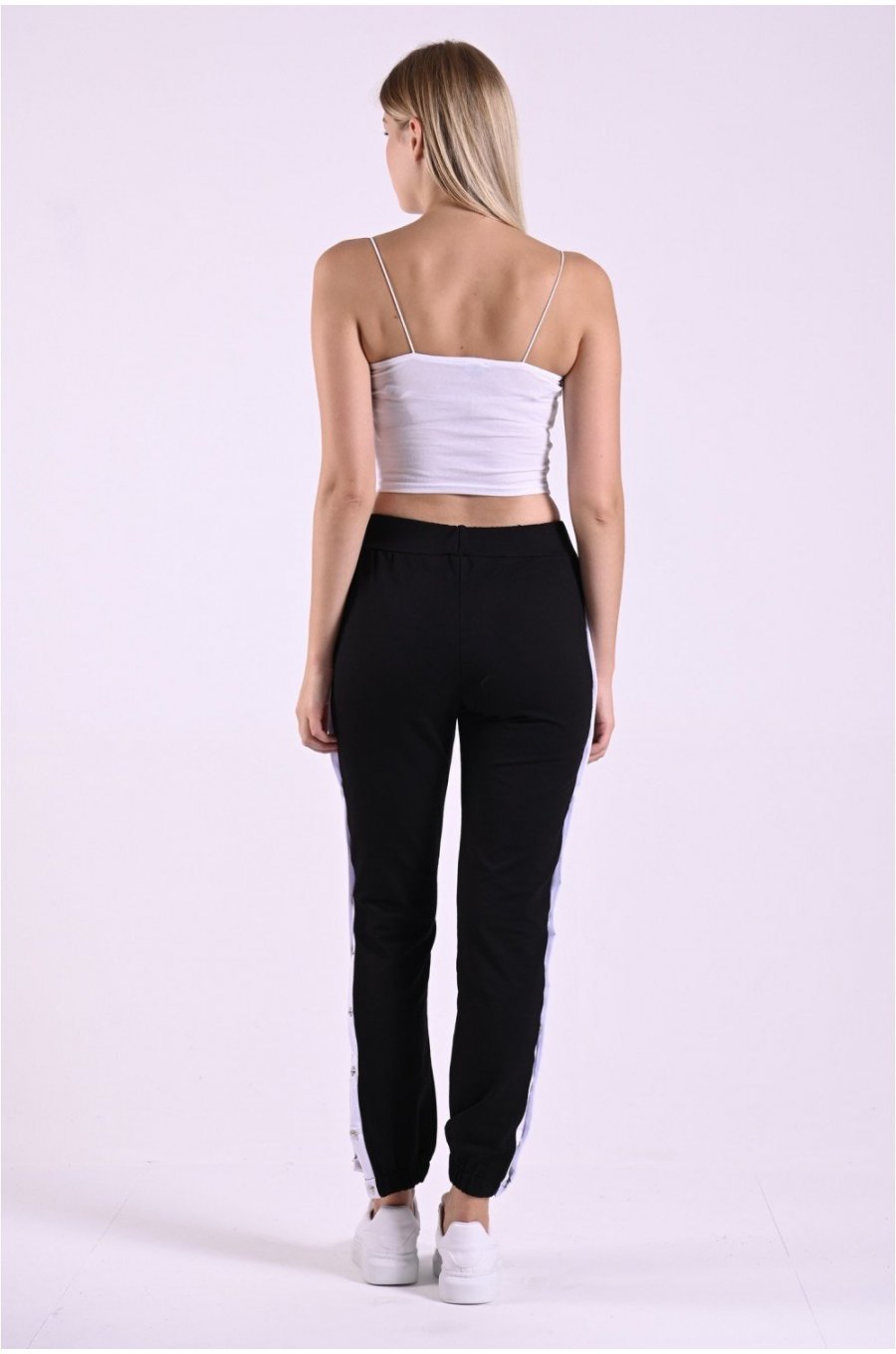Pantaloni trening dama, negri cu dunga alba, din bumbac, cu capse pe picior, Leah 4 - jojofashion.ro
