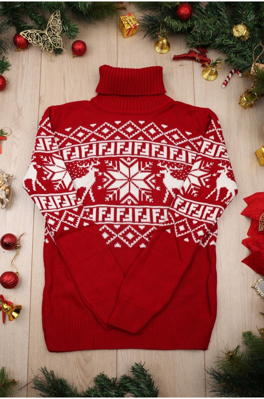 Pulover dama tricotat rosu de Craciun cu guler inalt Sabella 3 - jojofashion.ro