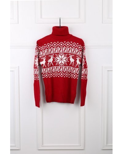 Pulovere dama, Pulover dama tricotat rosu de Craciun cu guler inalt Sabella - jojofashion.ro