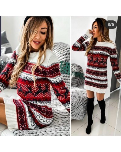 Rochie de Craciun tricotata alba cu reni negri Milona Rochii tricotate, Rochie de Craciun tricotata alba cu reni negri Milona - jojofashion.ro